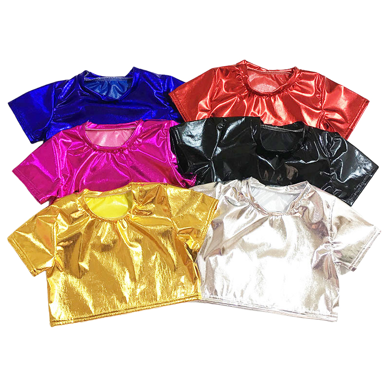 ヒップホップ子供服ガールズボーイズメタリッククロップトップ光沢のある Tシャツキラキラジャズダンストップスストリートダンスステージパフォーマンス衣装