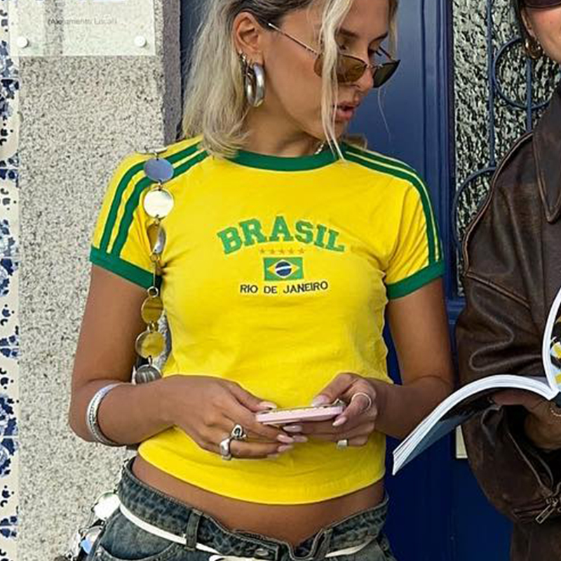 ブラジル文字グラフィックプリントゴス Y2k 黄色スキニークロップ Tシャツ女性のセクシーなストリート 2000 年代原宿新しい女性服 Tシャツ