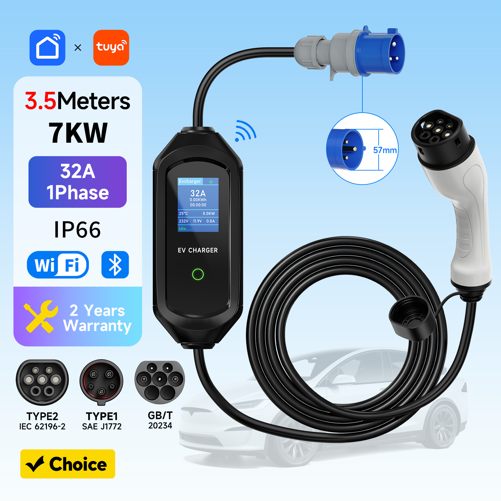 7KW ポータブル EV 充電器タイプ 2/タイプ 1/GBT 電気自動車充電器 32A 1 相ウォールボックス高速充電ケーブル WiFi アプリ Bluetooth 制御