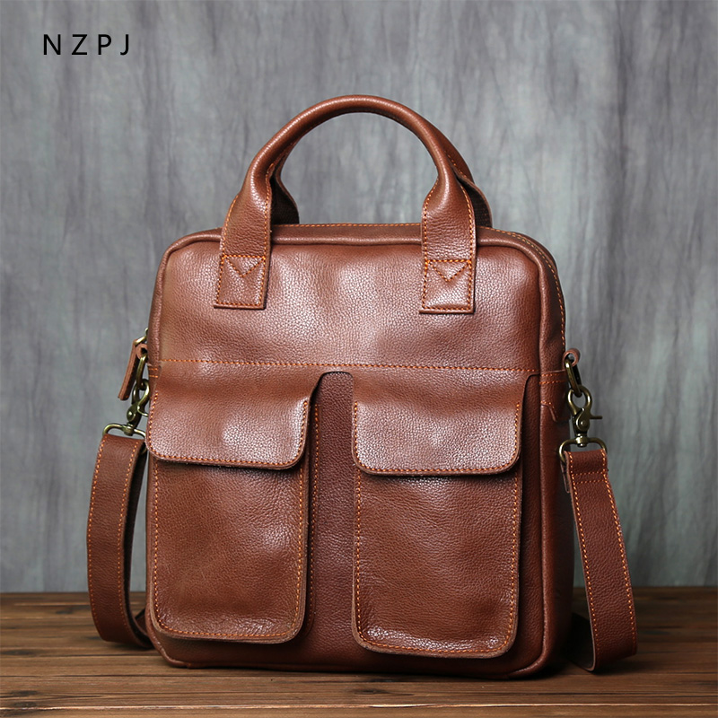 NZPJ 新レトロレザーメンズハンドバッグトップ層牛革垂直シングルショルダーメッセンジャーバッグ郵便配達員ブリーフケースコンピュータバッグ