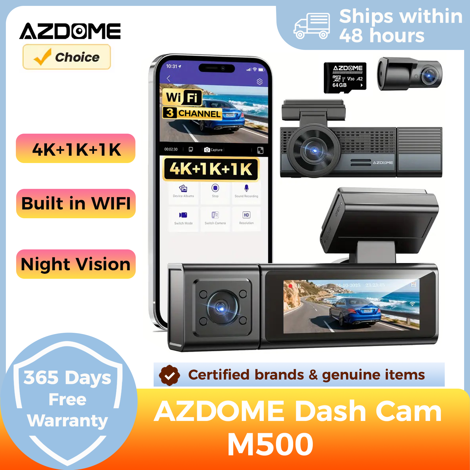 AZDOME M500 4K 3 チャンネルダッシュカムフロントリアインサイド UHD 車 DVR ナイトビジョン G センサー 24H 駐車モニター音声制御