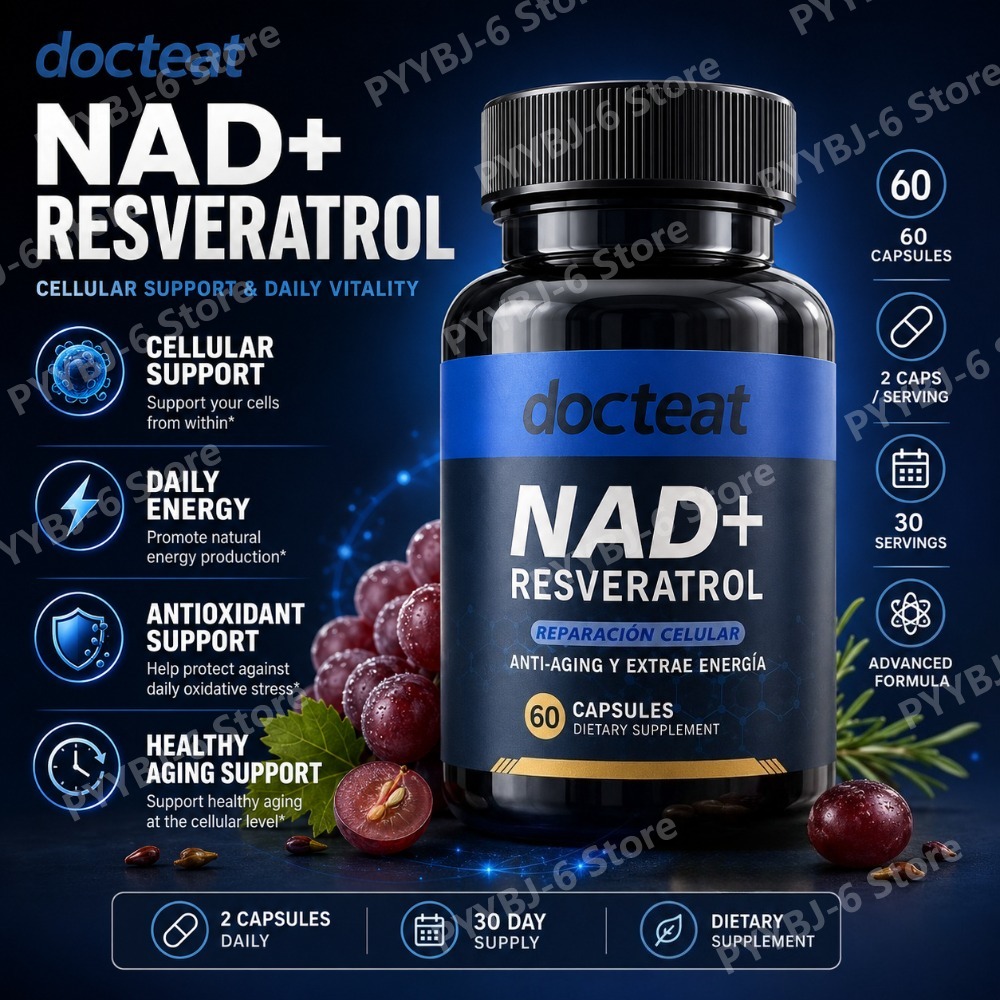 Docteat NAD レスベラトロール カプセル 60 カウント CoQ10、ビタミン C B1 B6 抗酸化細胞エネルギー 毎日の健康サポート