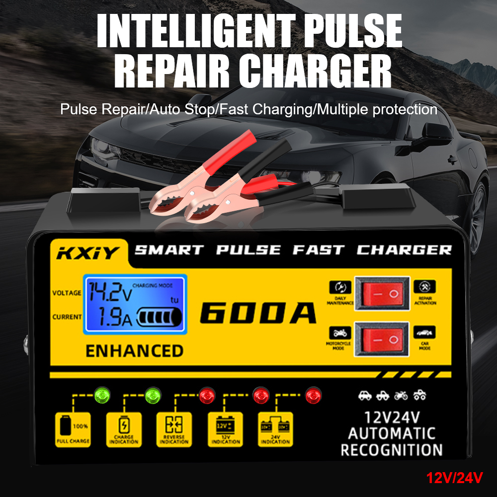 Automatic Stop Car Battery Charger Intelligent Pulse Repair Digital LCD Display Voltage Temperature Detection 12V 24V 600A