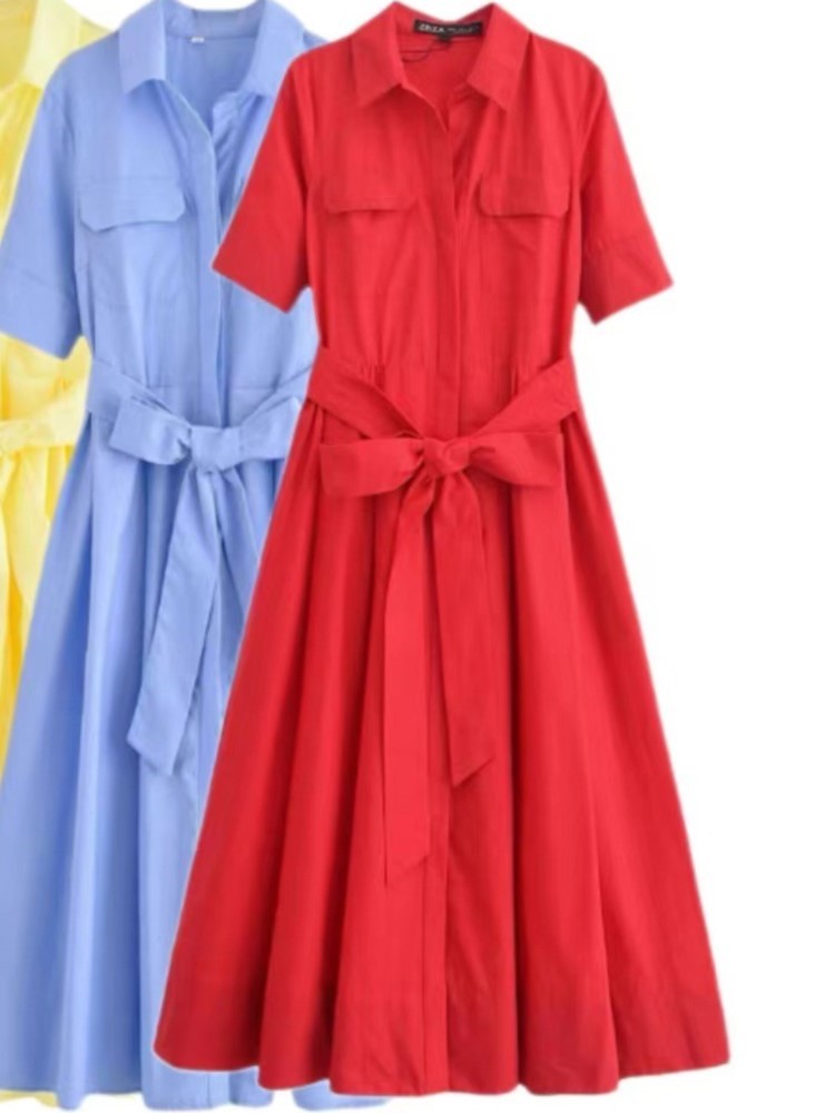 女性の半袖シャツドレスカジュアルポケット装飾クラシックロングドレス夏のファッションラペル Vestidos パラ Mujer