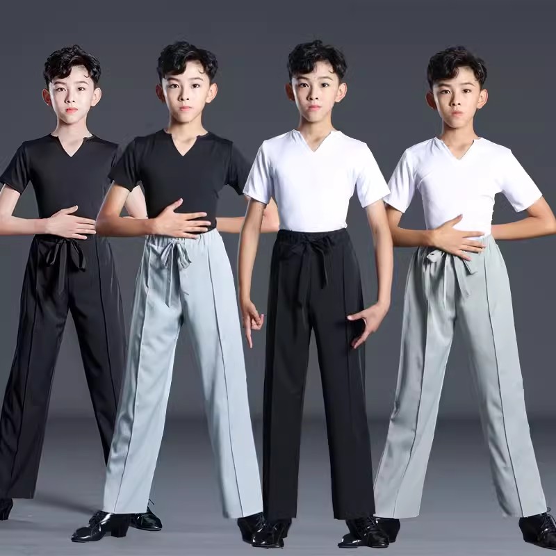 新しいライトブルーボーイラテンダンスセット男の子ラテンダンス服子供ルンバ/チャチャ/サンバダンスウェア黒レースアップパンツ