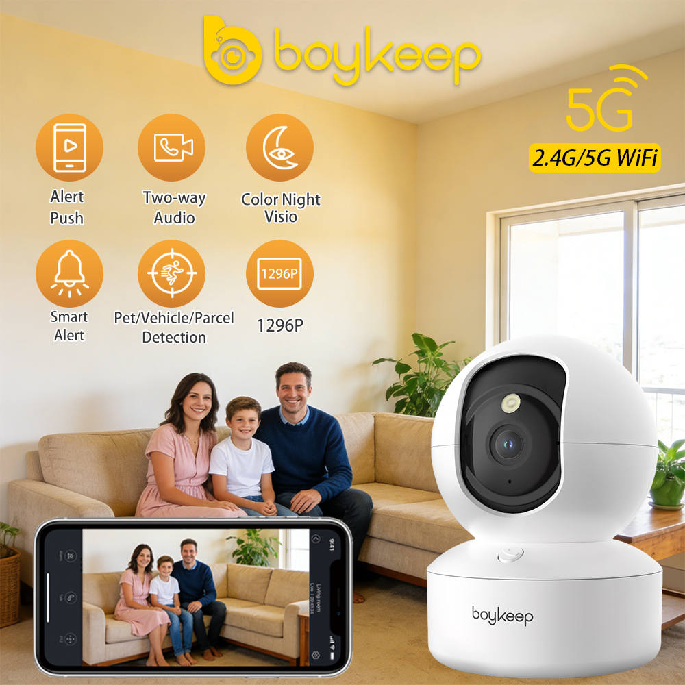 BoyKeep 2K スマート WiFi セキュリティカメラ デュアルバンド 5G/2.4GHz 屋内監視カメラ、360° PTZ、IR ナイトビジョン、双方向オーディオ