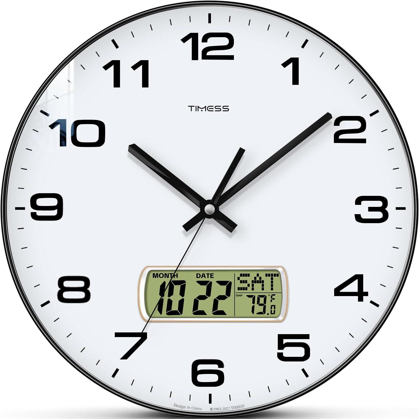 TIMESS カレンダー掛け時計、3 サイズ 4 色オプション、カレンダーと華氏温度表示付き、電池式ミニマリストスタイル掛け時計、リビングルーム、ベッドルーム、ダイニング、書斎、オフィスの装飾用