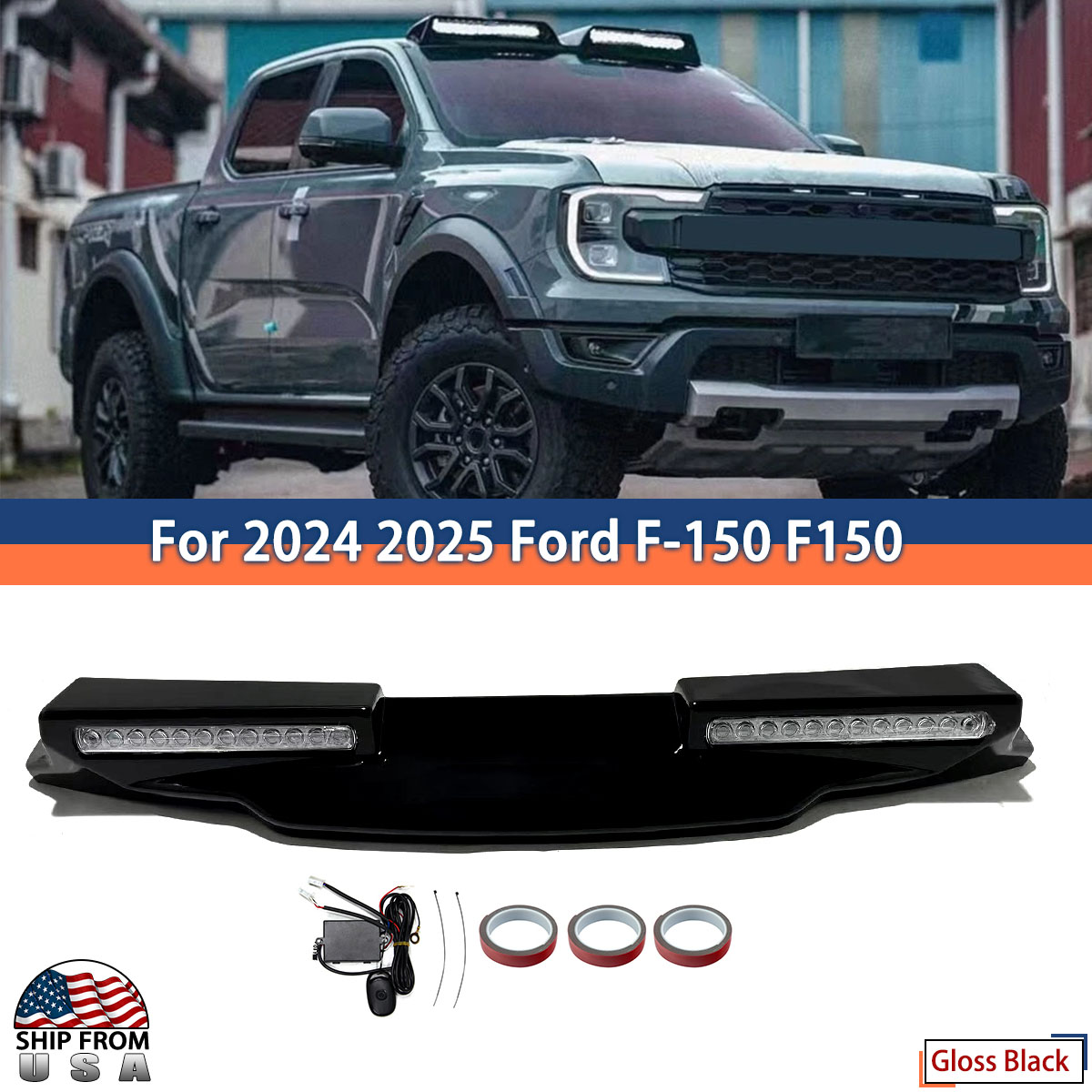 ルーフスポイラー 隠しLEDライトバー付き 2024 2025 フォード F150 F-150 ラリアット キャブ ルーフ ウィング デイランニングライト付き US