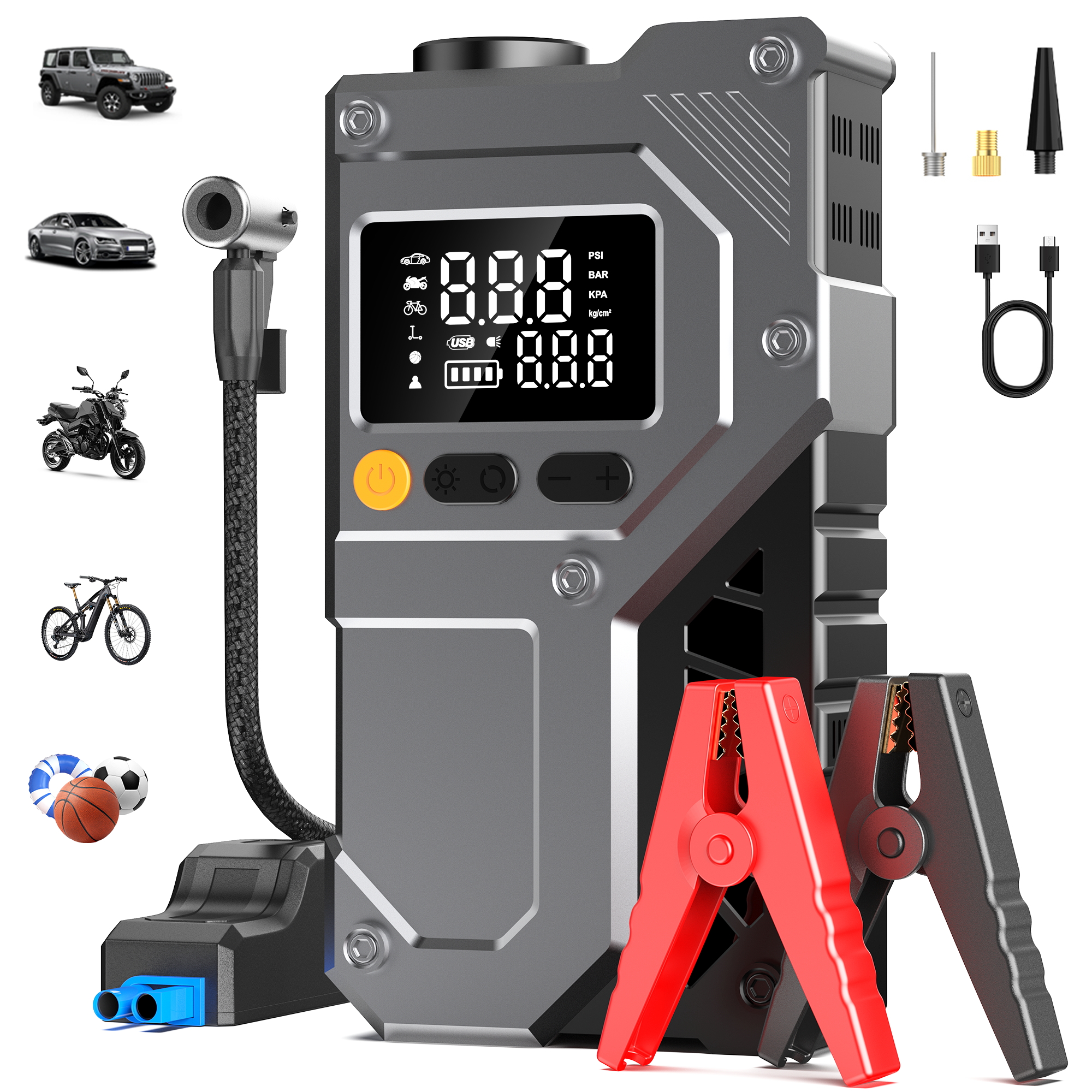 車用ジャンプスターター 150PSI タイヤインフレーター、6000mAh バッテリーブースター、デジタルエアコンプレッサー、車 SUV トラック用 LED ライト付き