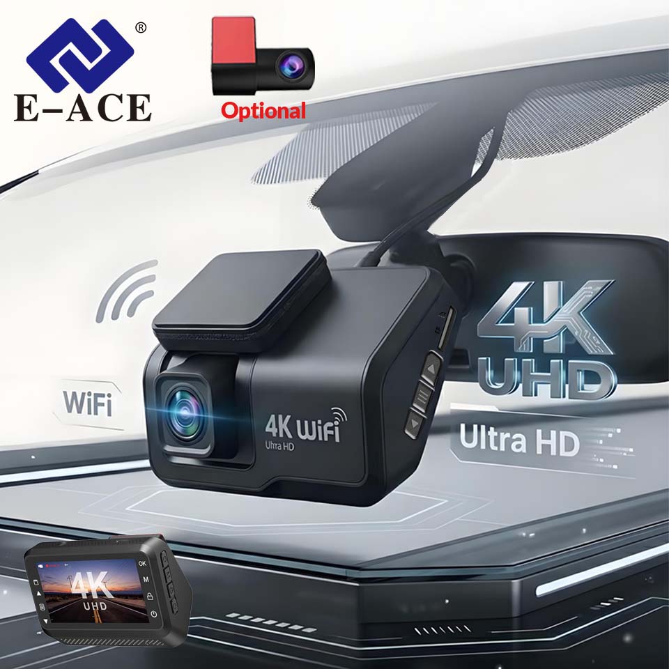 E-ACE 4K UHD ダッシュカム 3 インチ スクリーン WIFI カー DVR フロントとリアのデュアルレンズカーカメラ ナイトビジョン付き 24H パーキングモニター ブラックボックス