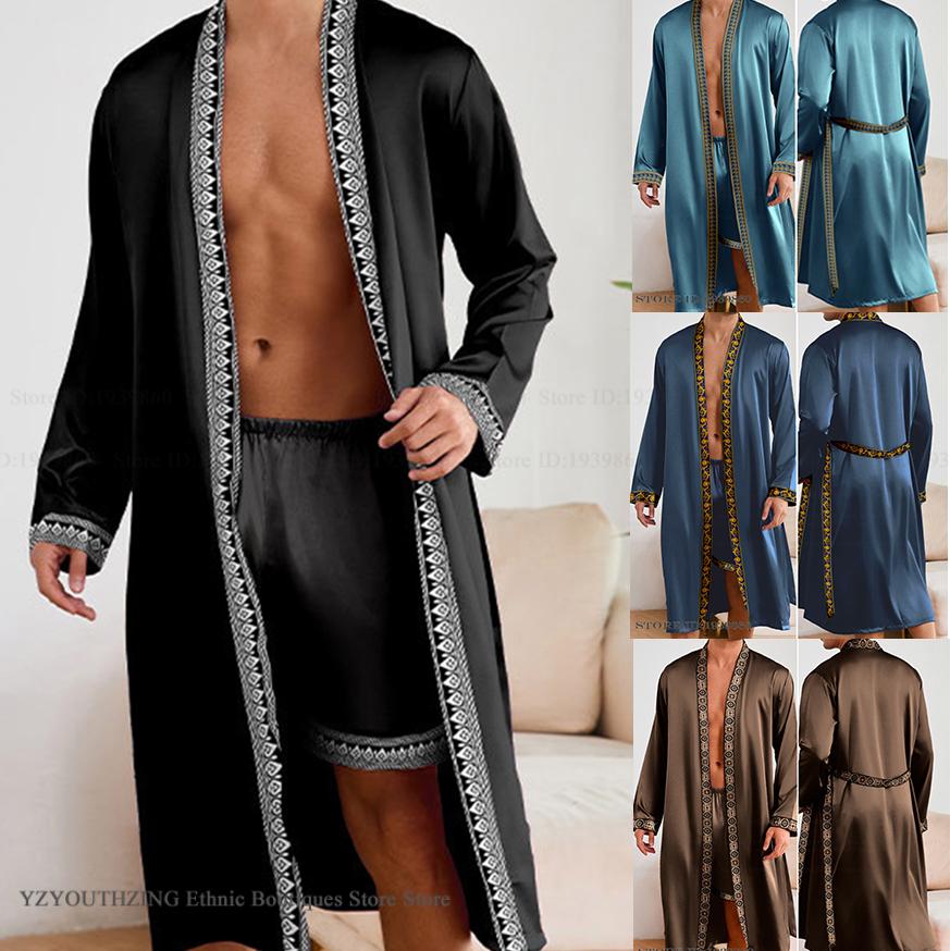 男性ロングローブパジャマセットバロックスタイル着物バスローブガウン春夏男性パジャマホーム服レーヨン部屋着 Pijamas