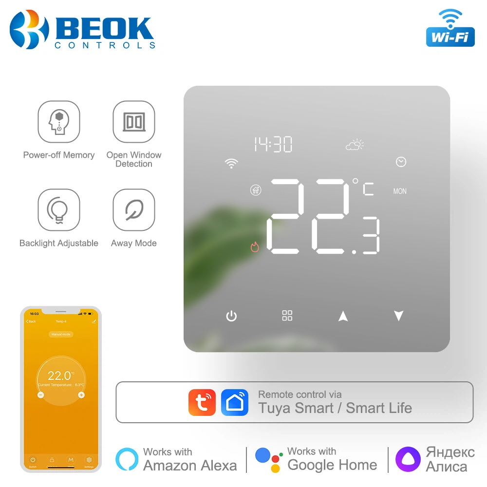 Beok Tuya Wifi 暖房サーモスタット スマートホーム温度調節器 暖かい床用 ガスボイラー 給湯用 Google Alexa と連携