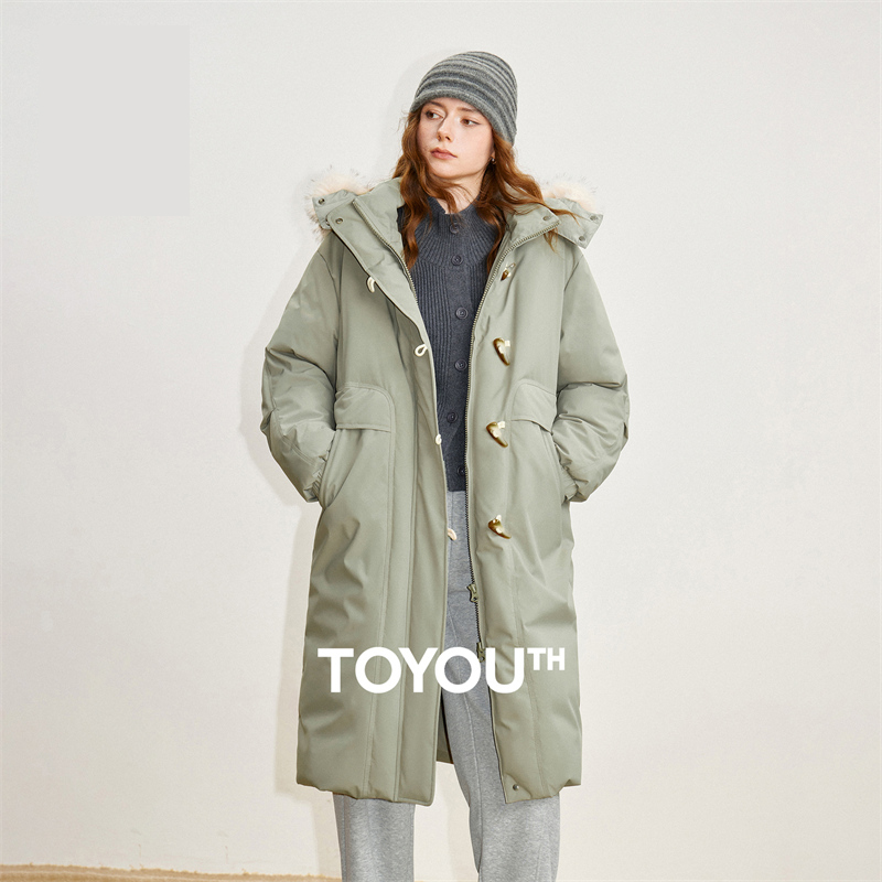 TOYOUTH 女性 90% ダウンジャケット 2025 冬の新毛皮の襟フード付き牛ホーンバックル 3 プルーフロングコート