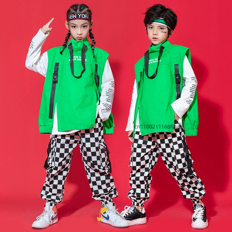 子供ストリートダンスセット 男の子トレンドブランド ハンサムベスト 長袖チェックパンツ ヒップホップジャズダンスパフォーマンス