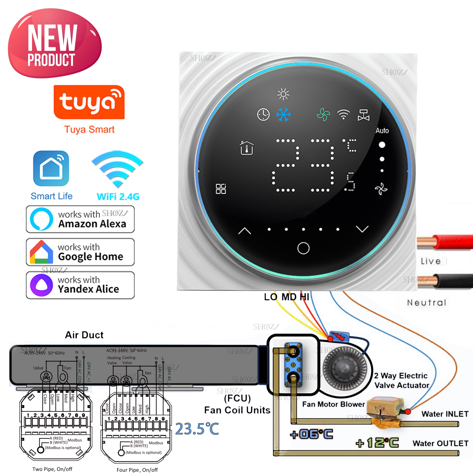 TUYA プログラム可能なスマート Wi-Fi サーモスタット加熱および冷却制御ドライコンタクトバルブスイッチ、Alexa 付き 3 速ファン