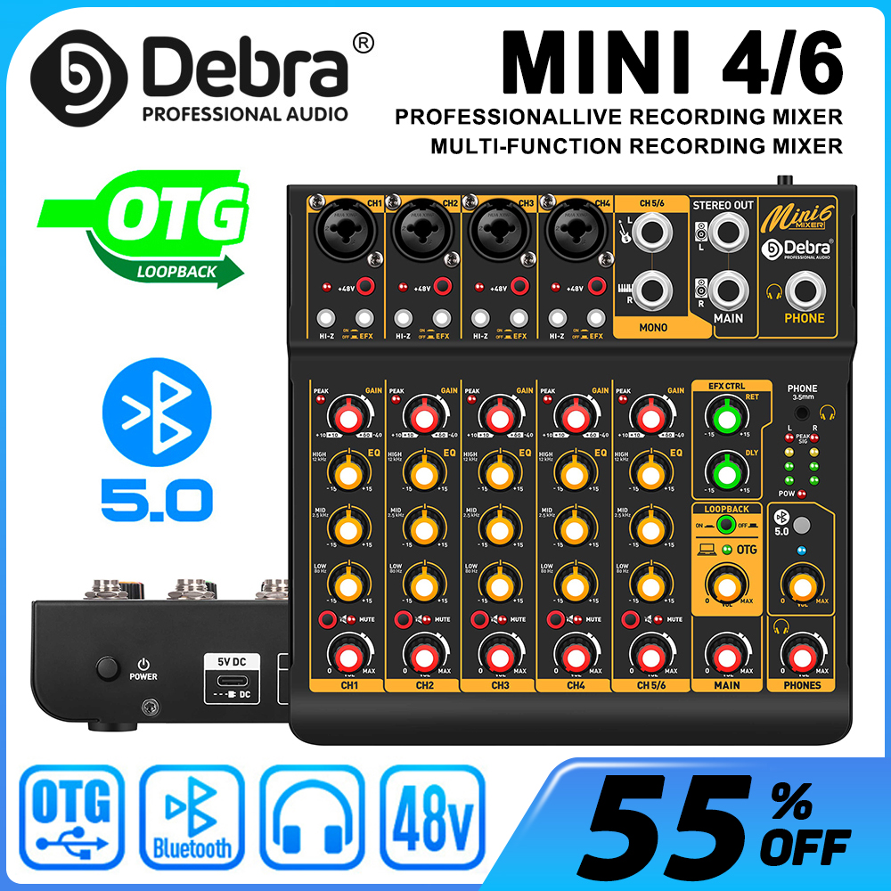 Mini6 6チャンネルオーディオミキサー、Bluetooth 5.0 OTGリバーブ付きDJコンソールPC録音用48Vサウンドカード、ライブウェブキャスティングMini4