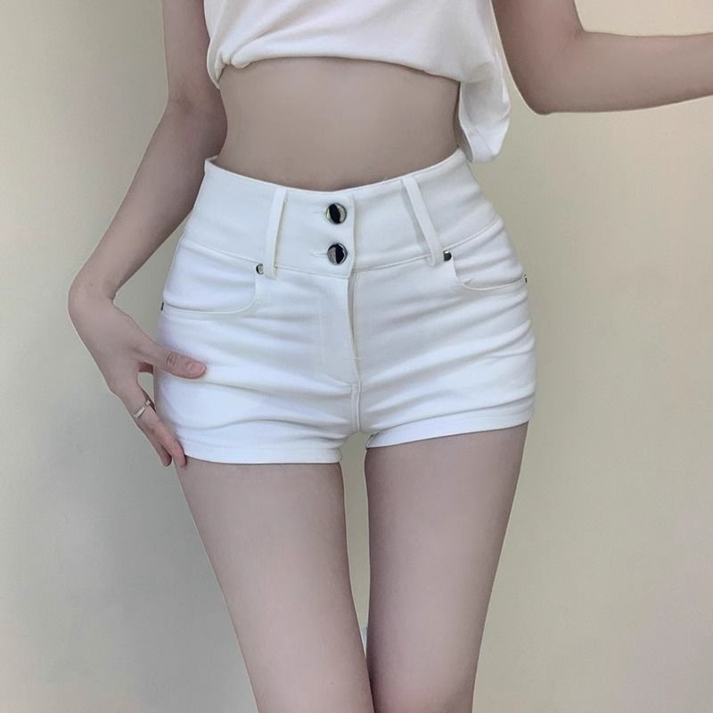 レトロホワイトタイトショーツ女性の夏の新しいハイウエストと薄いスパイスガールズヒップラップホットパンツ