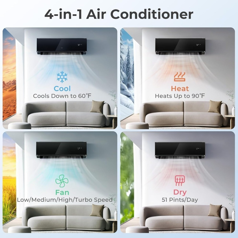 12000 BTU ミニ スプリット エアコンとヒーター 22 SEER2 Wifi インバーター ヒートポンプで 750 平方フィートを冷却