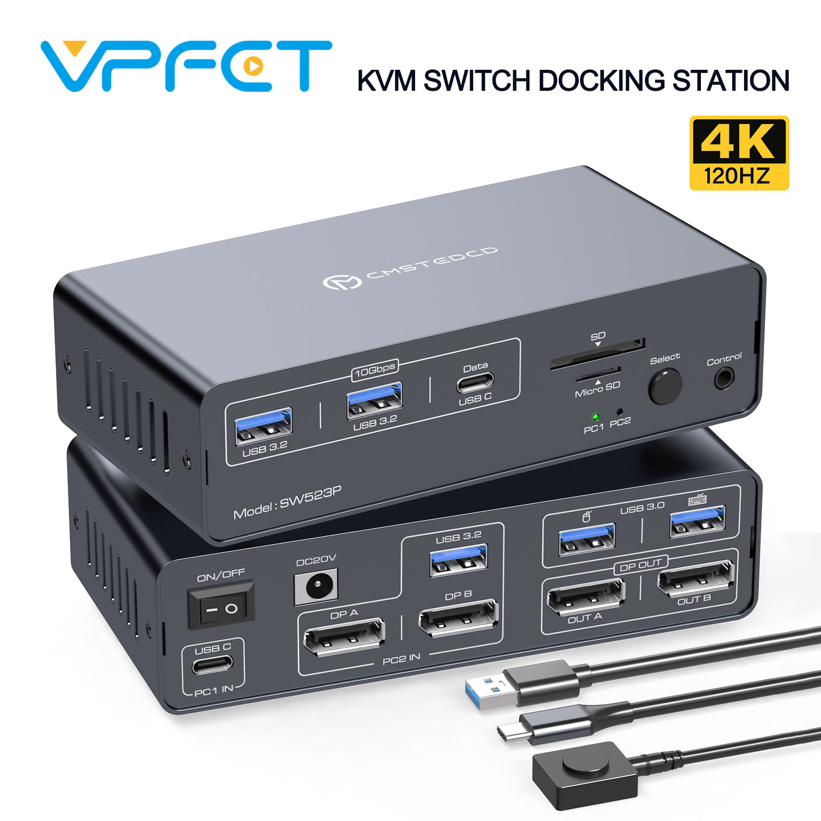 USB C DP KVM スイッチ ドッキング ステーション 2 PC 2 モニター 4K@120Hz USB 3.2 デバイスは Windows MacOS Linux VPFET による PD 充電をサポート
