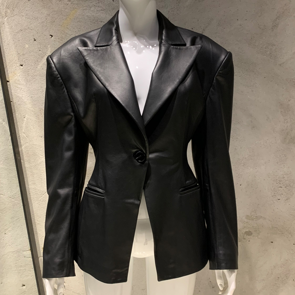 GO BALLISTIC YA ブラックレザーブレザー本革ブレザーシングルボタンシープスキンレザージャケット女性