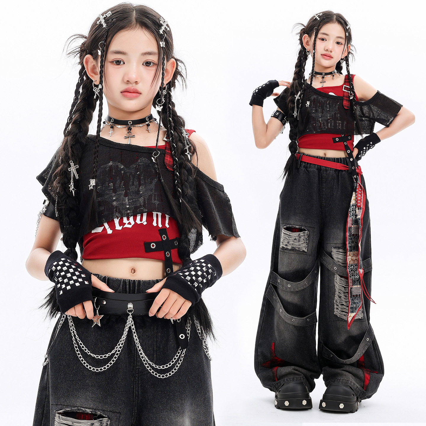 女の子のジャズダンスストリートダンス衣装ガールグループ露出へそセット新しい子供のファッショナブルなパフォーマンス衣装