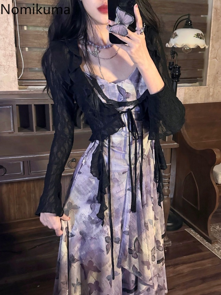 ドレス衣装 2 点セット女性服レースクロップシャツヴィンテージ蝶プリントガーゼ不規則なドレススーツシックな夏セット
