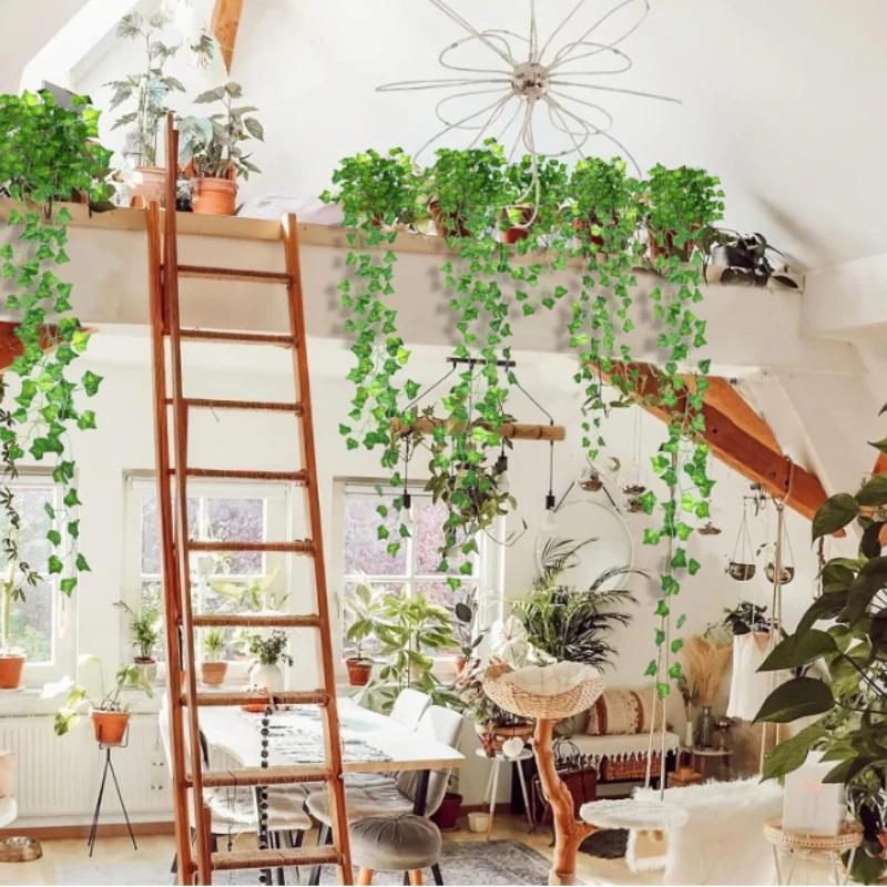 人工植物アイビーグリーンリーフガーランドぶら下げ偽植物つるつる家庭用寝室の壁結婚式プラティ庭の装飾