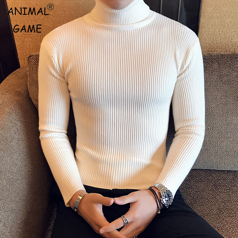 メンズタートルネックセーター冬暖かいニットプルオーバー韓国綿無地カジュアルスリムセーター男性服底シャツ
