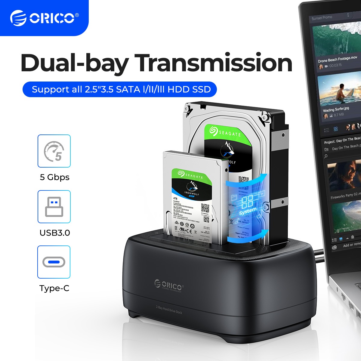 ORICO デュアルベイハードドライブステーション USB3.0 5Gbps Type-C HDD ドッキングステーション 12V 3A 電源アダプタ付き 2.5/3.5 インチ HDD/SSD 用