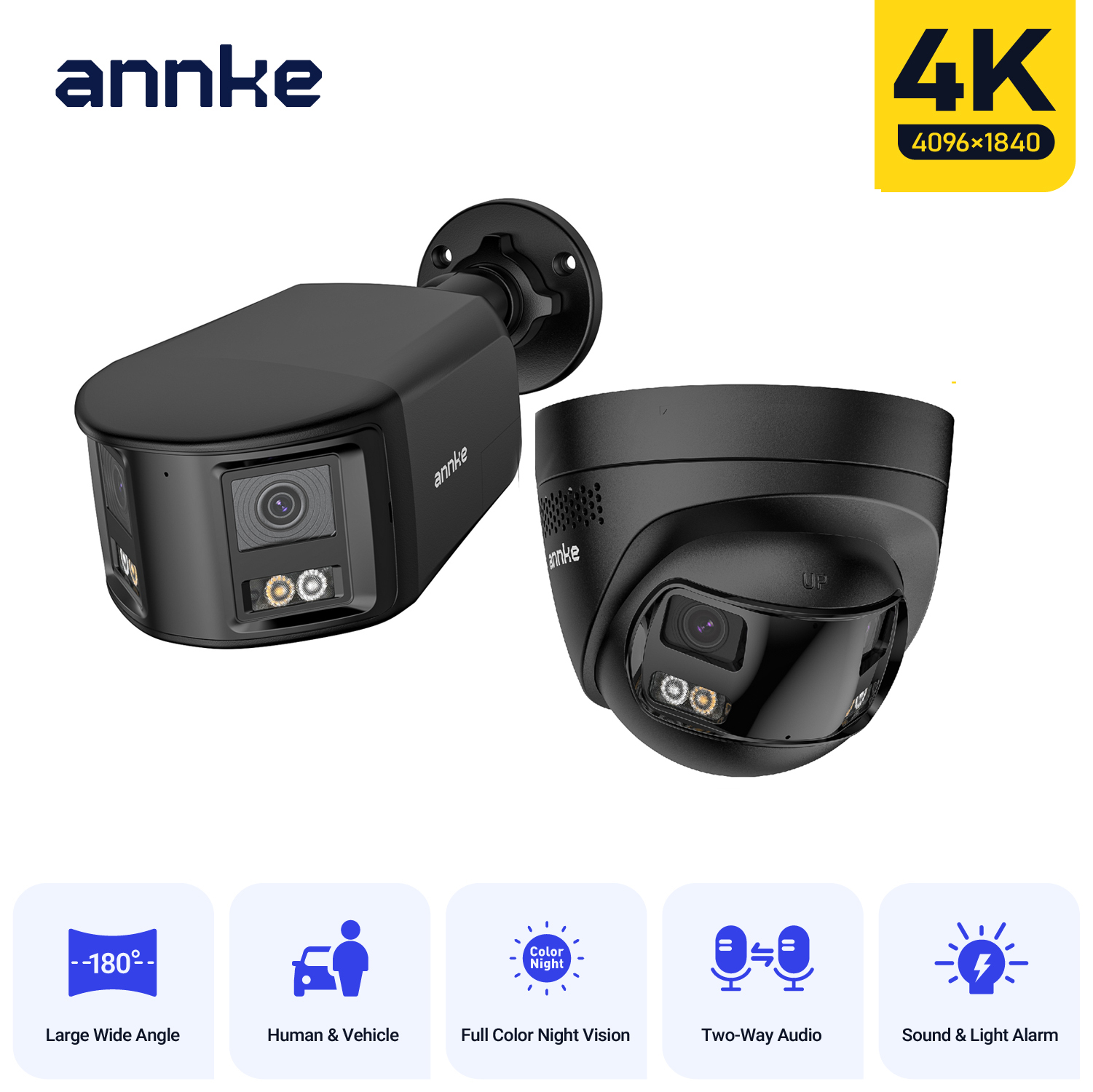 ANNKE 4K 8MP 180° デュアルレンズセキュリティカメラ IP67 1/2 PCS カラーナイトビジョン