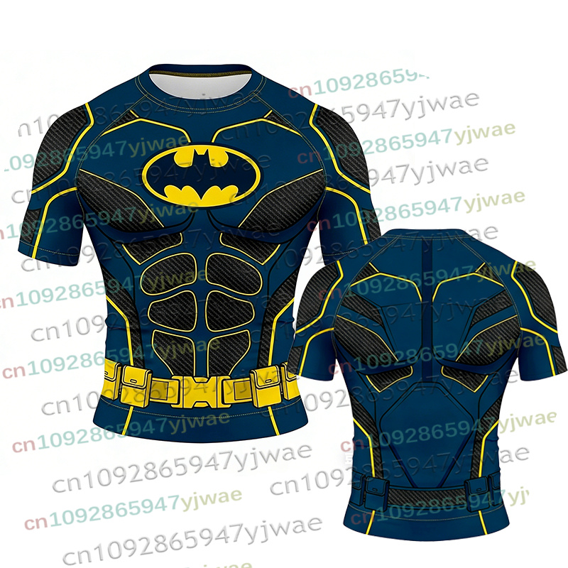 2026 夏バットマンスーパーボーイ英雄通気性 Tシャツフィットネス速乾ショート Tシャツメッシュ筋肉女性の男性のコスプレ服