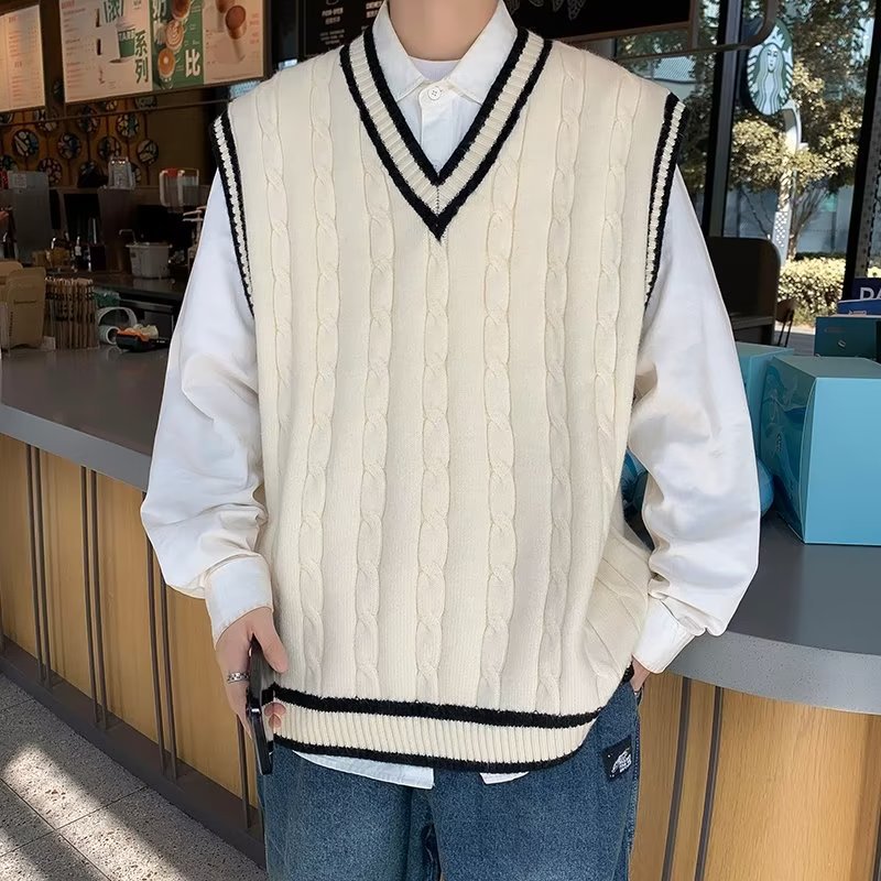 セーターベスト男性 V ネックノースリーブニットベストトップスコートニットセータースプライスカジュアルルーズトップレギュラー秋冬