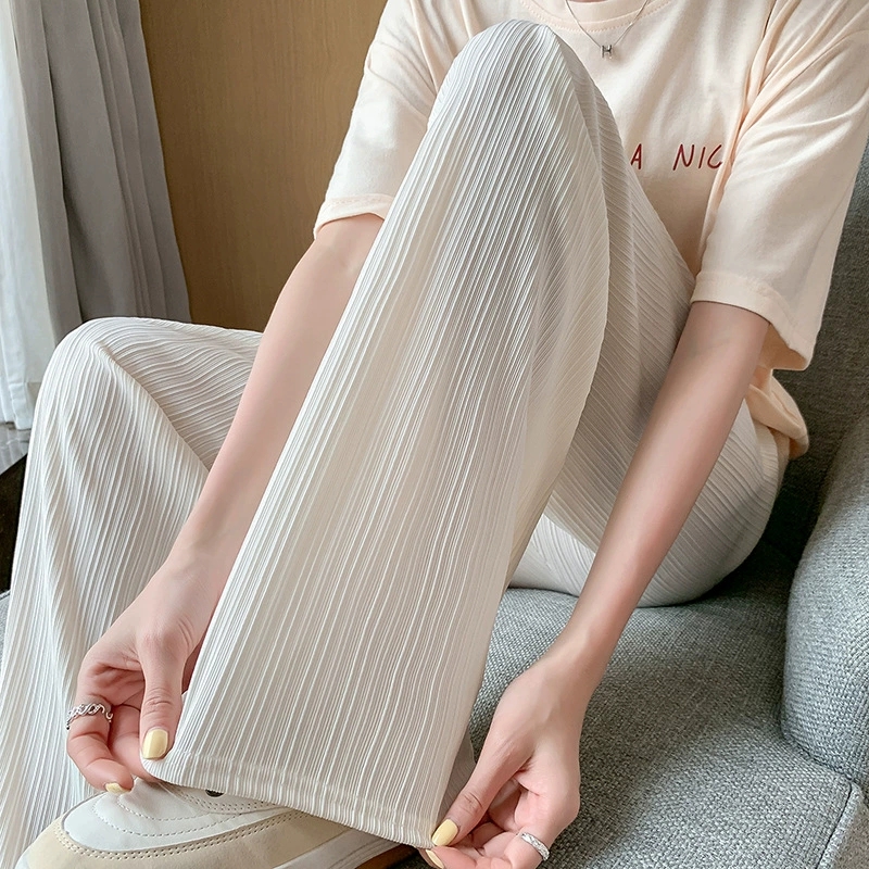 女性の足首までの長さのワイドレッグパンツカジュアル夏固体弾性ウエストルーズアイスシルクパンツ春夏女性のズボン