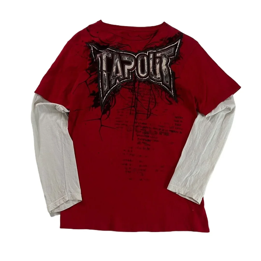 2000 年代 Tシャツ夏の新ヒップホップ赤ラウンドネック特大長袖 Tシャツ男性女性カジュアルゴシック服トップスストリート