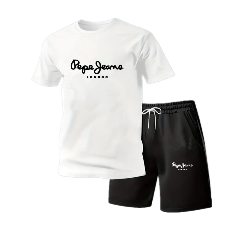 新しい夏のメンズフィットネススポーツウェア、半袖Tシャツとショートパンツの2点セット、通気性と速乾性のカジュアルウェア。