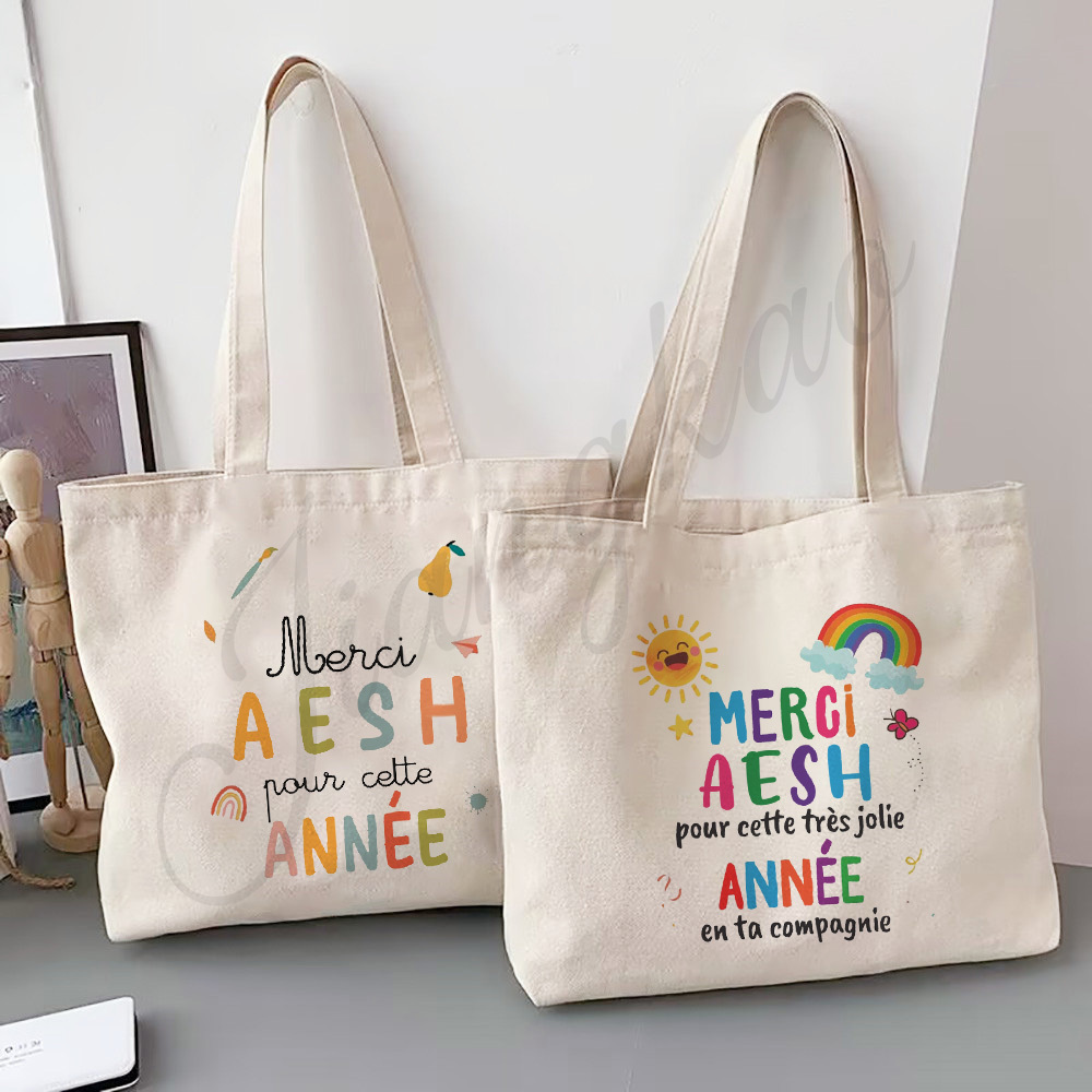 Merci Aesh フレンチプリントトートバッグ 教師生活ショッピングバッグ 旅行ショルダーバッグ 教師の日 卒業生 教師への感謝のギフト