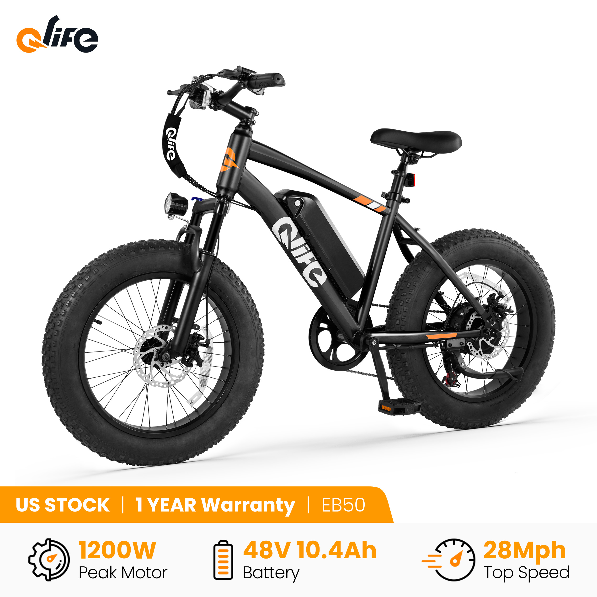 Qlife Racer ファットタイヤ電動自転車 大人用 20インチ×4.0インチ ファットタイヤ電動マウンテンバイク ピーク1200W 48V 10.4Ah 28MPH 55マイル電動自転車 7スピード