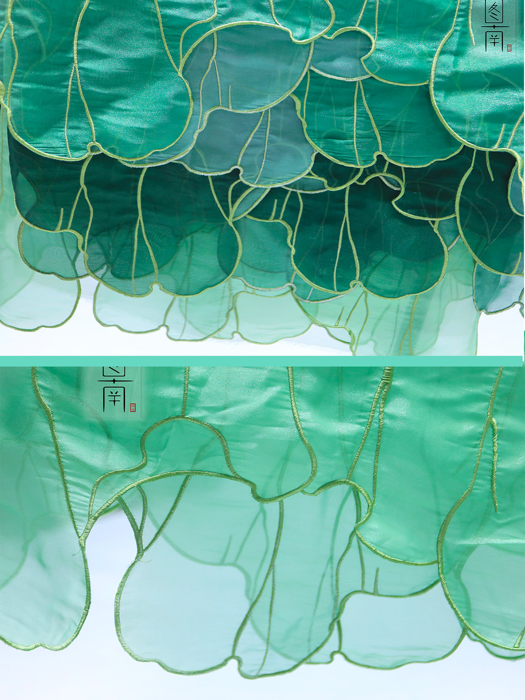 漢服、如群の緑のオンブル刺繍メッシュ生地