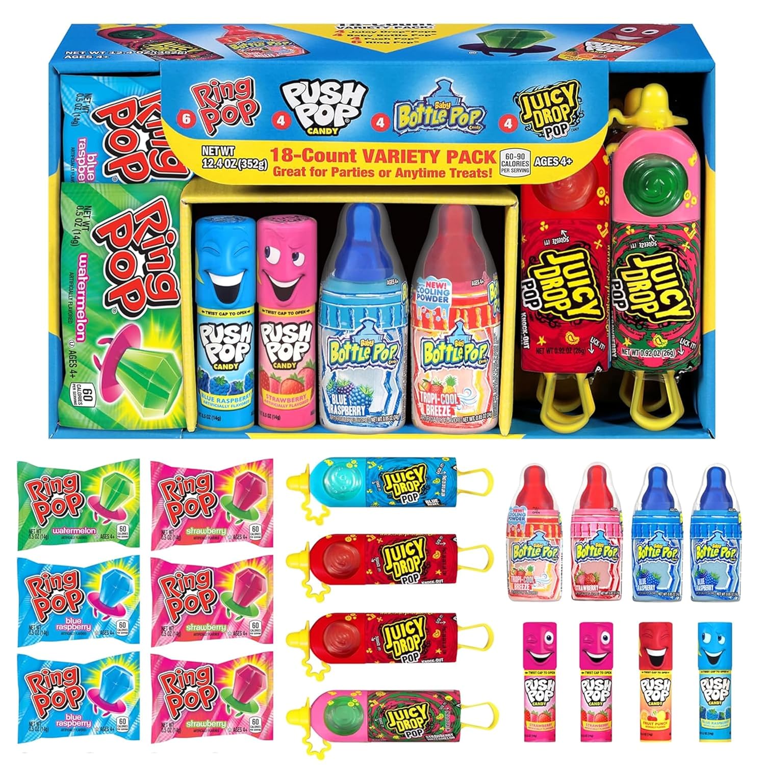 Virella Store Candy Variety Pack, 18 Count Assorted Lollipops, Bulk Individually Wrapped Ring Pop, Push Pop, Baby Bottle Pop & Juicy Drop, Ideal for Birthdays, Party Favors for Kids & Hard Candy Gifts