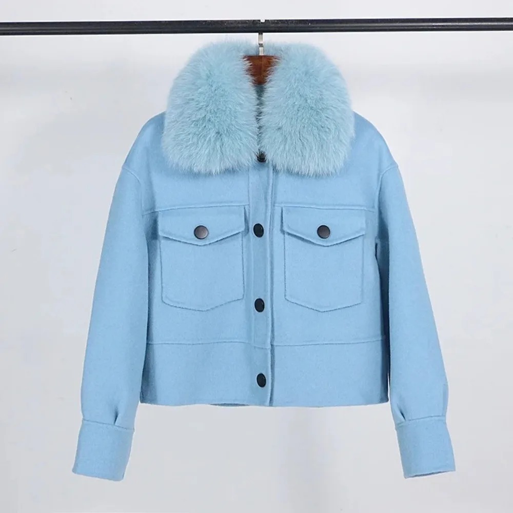 ウールの女性の毛皮のコート新しい秋冬リアルキツネの毛皮の襟 10% カシミヤ 90% ウールの毛皮のジャケットショートカジュアルルーズウールコート