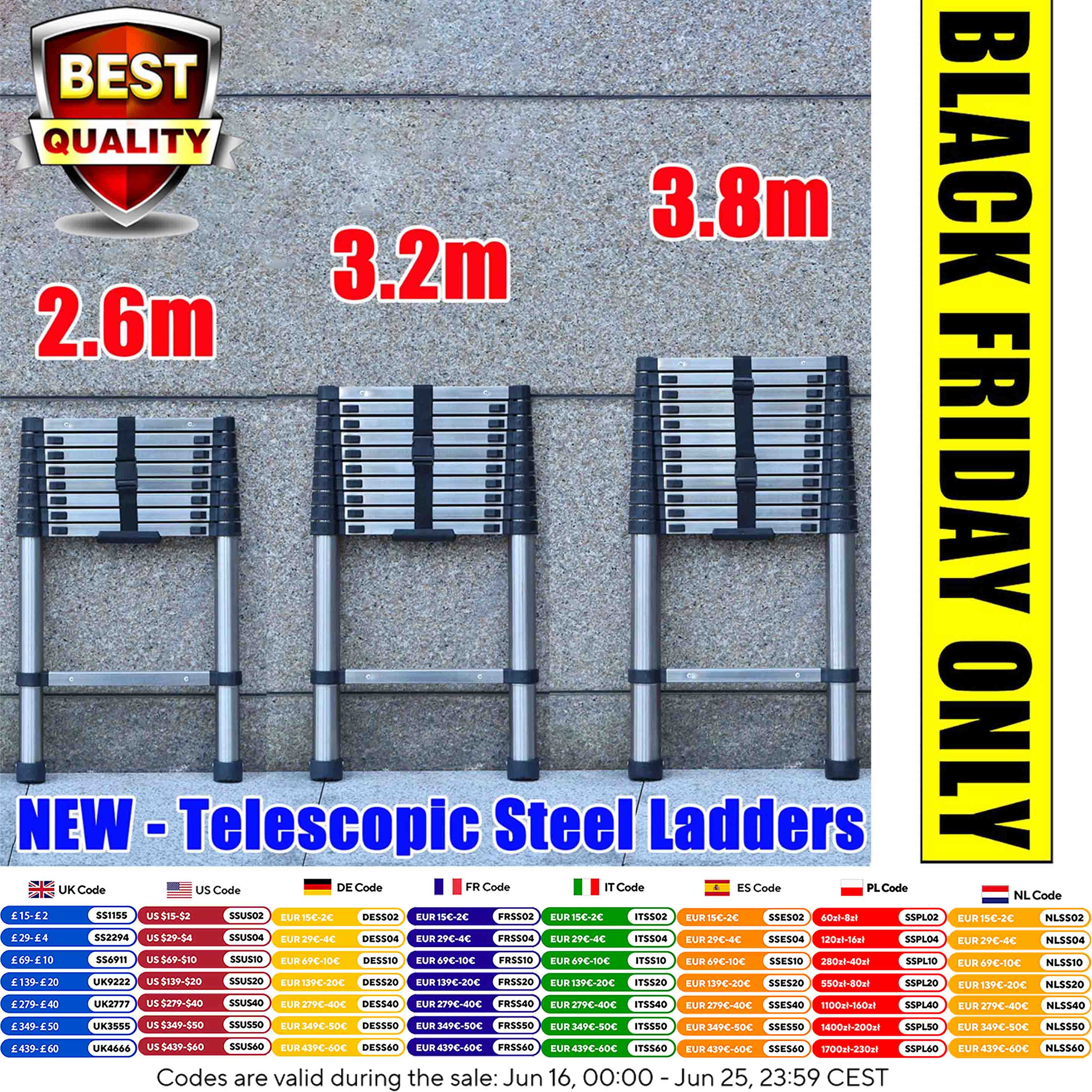 Ladders Extendable Telescopic 2.6M-5M Heavy Duty Multi Purpose Straight Loft Ladder Portable Folding Stainless Steel Ladder Tool