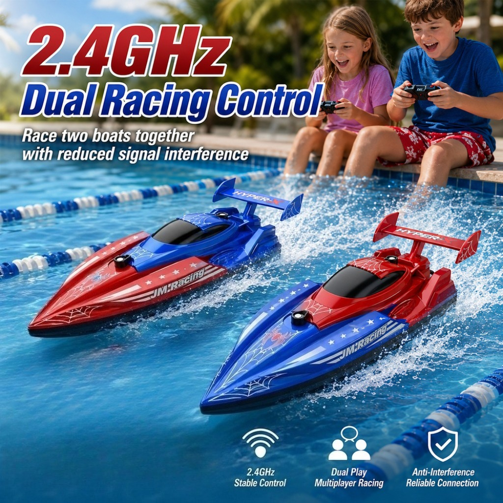 デュアルカラースパイダー RC ボートセット 2 コントローラー付き、防水 2.4G レーシングおもちゃ子供用プール湖ウォーターゲーム