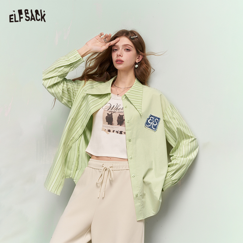 ELFSACK デニムパッチ付きストライプ長袖シャツ、リラックスしたオーバーサイズのボタンダウンブラウス、女性用カジュアルコットントップス