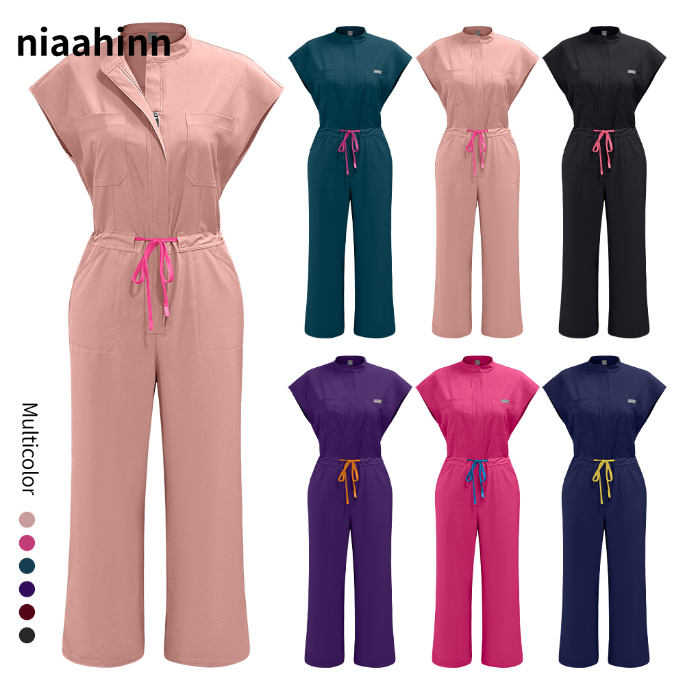 Niaahinn ジッパーネックラボジャンプスーツ医療サービス看護服カバーオールペットグルーミングドクター制服半袖スクラブ作業服