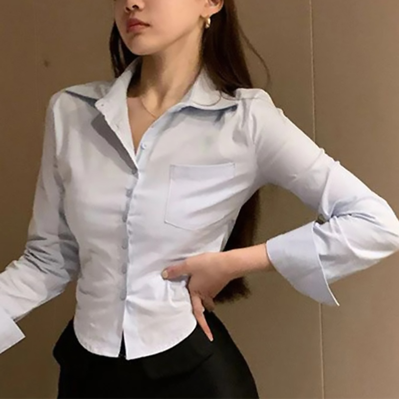 韓国白オフィス女性シフォンシャツポケットボタンラペルレディースブラウス春通勤長袖新しい女性クロップトップス