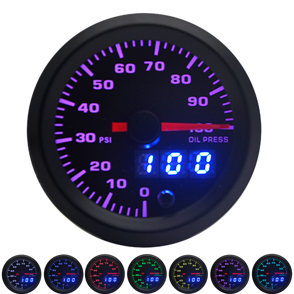 2 "52 ミリメートル 7 色 LED 車の自動車油圧 0-100 PSI オイルプレスゲージアナログ/デジタルデュアルディスプレイ車のメーター