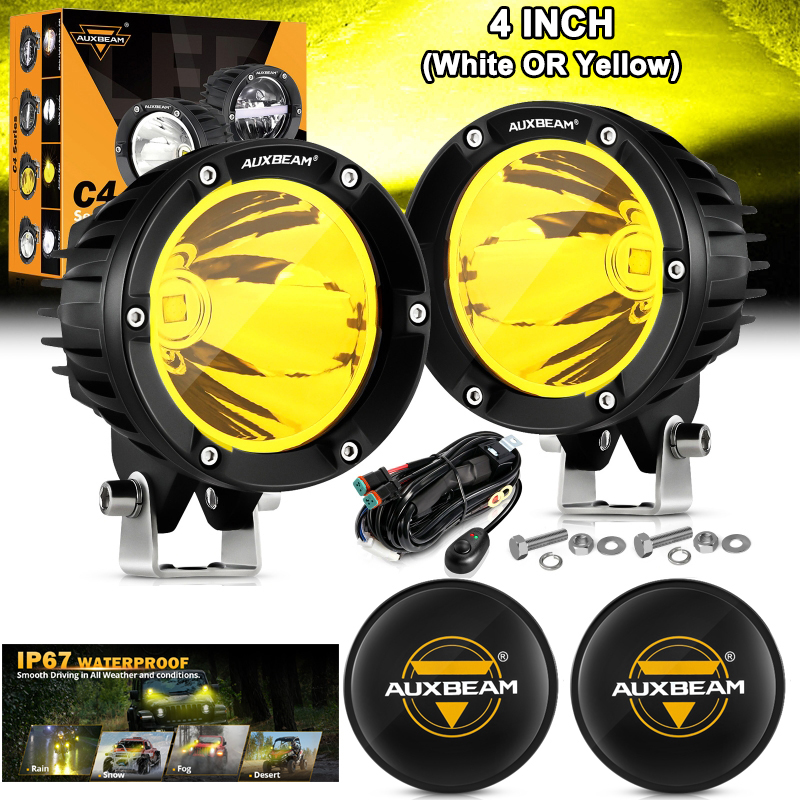 Auxbeam 4 インチ ラウンド LED ドライビング ライト ワークランプ ヘッドライト ハーネス付き トラック ピックアップ オフロード バイク用 (ホワイト/イエロー ビーム)