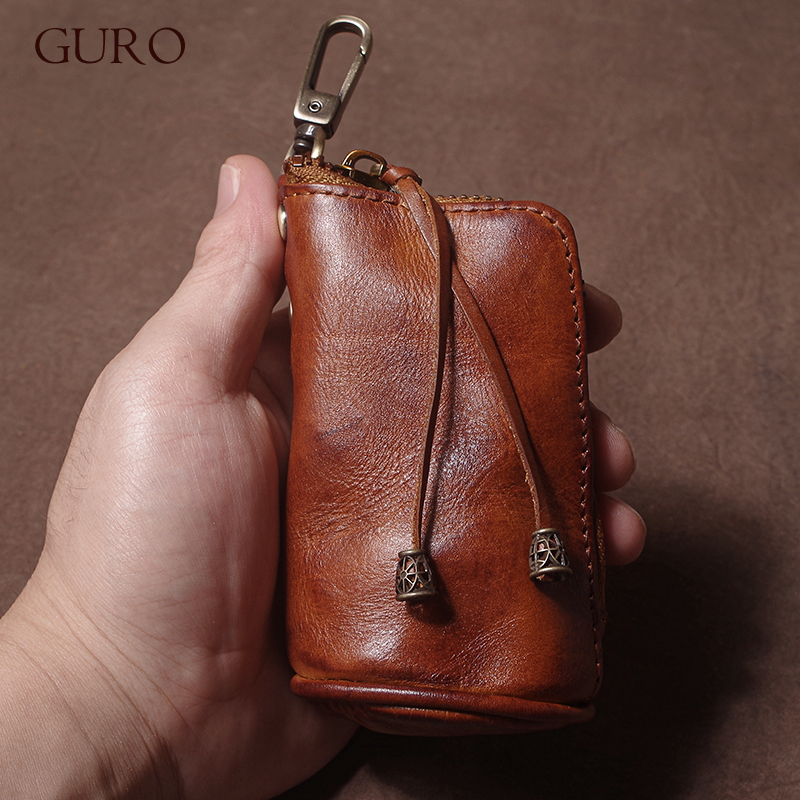 GURO ヴィンテージ本革キーバッグ男性と女性のミニ小銭入れ高級牛革財布カードホルダー家政婦ホームオーガナイザー