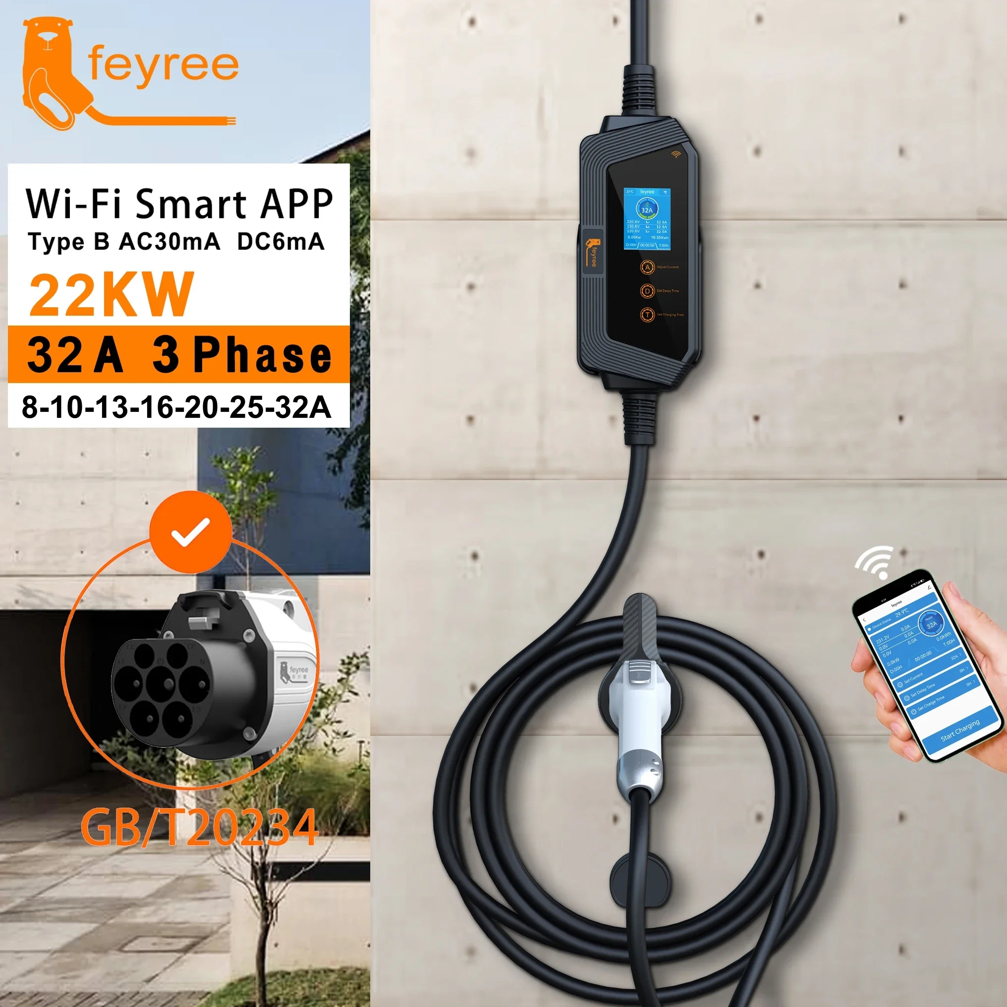 Feyree ポータブル EV 充電器 GBT プラグ 22KW 32A 3 相 EVSE 高速充電 Wi-Fi スマート APP 制御電気自動車車の充電器用