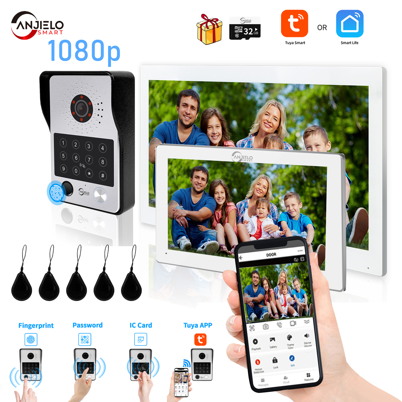 5in1 ロック解除ドアベルビデオインターホンシステムホームインターホンスクリーンドアホンインターホンアパート wi fi 1080P タッチモニター